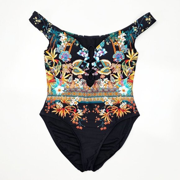 Kenneth Cole Off Shoulder Floral Tropical Stripe One Piece Swim Suit NEW - L - Picture 1 of 11